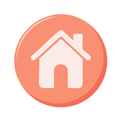 Simple White House Icon on a Round Coral Background with Shadow