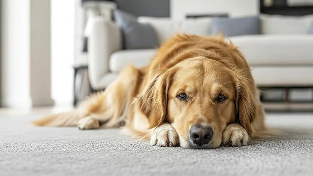 A beautiful golden-coated canine rests peacefully on a light carpet indoors, its head gently laid on its front paws. The loyal dog gazes directly into the camera with soft, warm eyes, conveying a sens