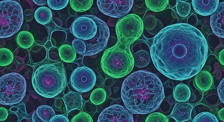 Microscopic view of vibrant blue and green cells dividing and multiplying, forming a complex biological network.