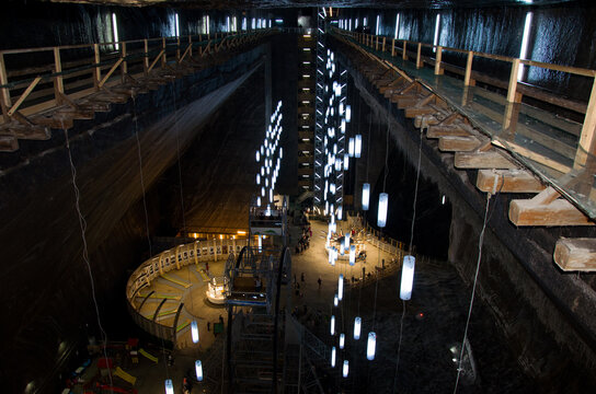 Illuminated Deep Mine Interior Salina Turda Salt Mine, a Unique Underground Amusement Park, Romania.