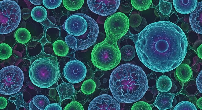 Microscopic view of vibrant blue and green cells dividing and multiplying, forming a complex biological network.