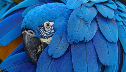 Close-up of a vibrant blue macaw parrot with detailed plumage