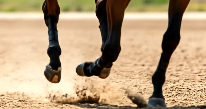 Powerful Horse Hooves Kicking Up Sand While Galloping.