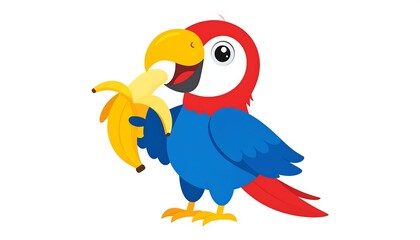 Cartoon Parrot Eating Banana, Colorful Vector Illustration, Isolated on White