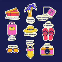A collection of nine vector travel stickers. Included are tickets, luggage, hat, sunglasses, camera, swimsuit, flip flops, palm trees, and instant camera. Colourful cartoon style.