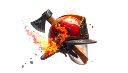 Firefighter helmet and axe burning, symbol of courage