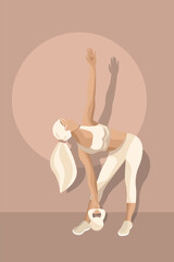 A woman exercises with a kettlebell in a minimalist studio, showcasing flexibility and strength in a stylish and faceless design.