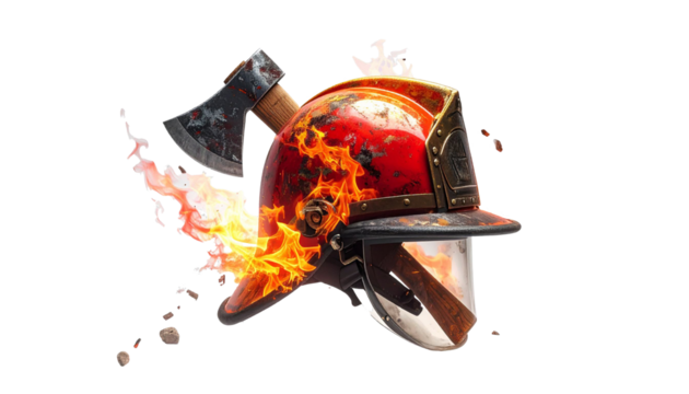 Firefighter helmet and axe burning, symbol of courage