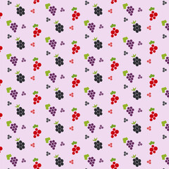A vibrant pattern adorned with various line icons of grapes in red, purple, and black shades against a soft pink backdrop. This playful design adds a cheerful touch to any project.