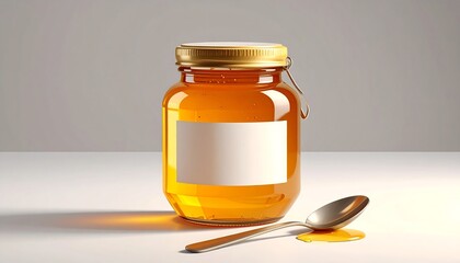 Close-up of honey jar with a spoon and a blank label for your brand