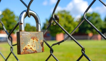 Close-up of a rusty padlock on a chain-link fence with blurred background