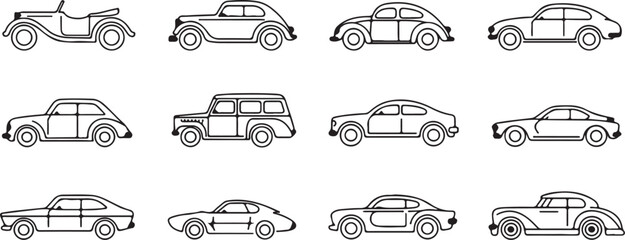 set of 12 line art car silhouettes showing evolution of automobile design side profile for transport projects