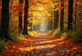 Serene Autumn Forest Trail with Vibrant Golden Leaves and Soft Sunlight Filtering Through Trees