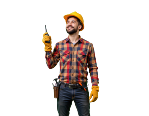 Cheerful Male Construction Worker Holding Pen and Smiling Joyfully