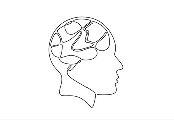 One continuous line drawing of human head with smart brain inside from side view logo icon. Psychological office logotype symbol template concept. Editable stroke. Hand drawn one line vector. 	