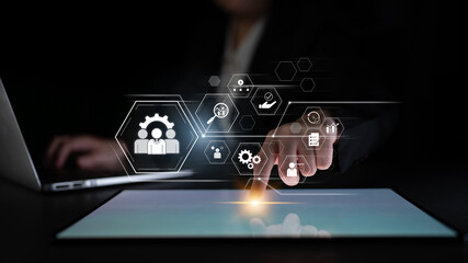 Business management system showing teamwork, productivity, and planning. Management supports goal, management tracks progress, management improves teamwork, and enhances productivity. Latch