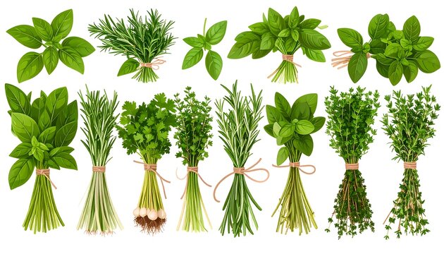 Collection of fresh herbs, perfect for culinary use, isolated on white background