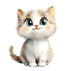 Cute baby tabby cat in a sitting position with adorable features and playful expressions. Pet character with smiling face and big eyes. Watercolor illustration isolated on transparent background.