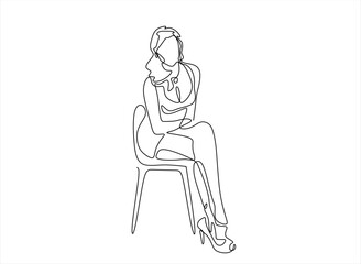 Single continuous line drawing young pretty girl sitting in modern chair. Hand drawn one line vector. Editable stroke	