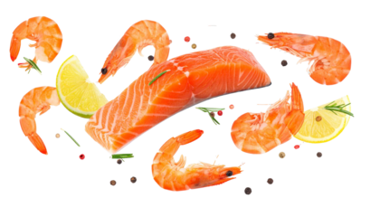 Fresh salmon fillet and shrimp with lemon rosemary