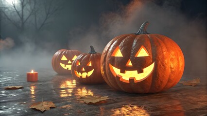 Halloween backdrop with pumpkins lanterns glowing jack o lantern spooky scene dark minimal clean template for flyer poster banner advertising branding with copy space for text message or business logo