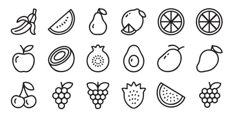 monochrome fruit icons vector collection fruits banana apple watermelon kiwi avocado ai eps png