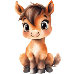 Cute baby foal, horse in a sitting position with adorable features and playful expressions. Animal character with smiling face and big eyes. Watercolor illustration isolated on transparent background.