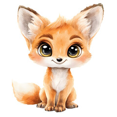 Cute baby fox in a sitting position with adorable features and playful expressions. Animal character with smiling face and big eyes. Watercolor illustration isolated on transparent background.