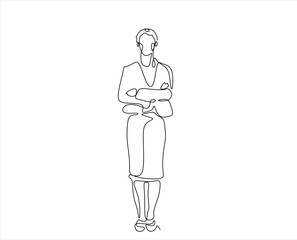 Continuous one line drawing of successful business woman with crossed arms, hand drawn style vector illustration.  Hand drawn one line vector. Editable stroke