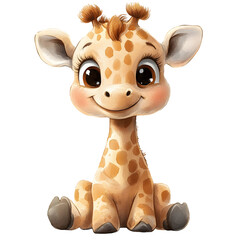 Cute baby giraffe in a sitting position with adorable features and playful expressions. Animal character with smiling face and big eyes. Watercolor illustration isolated on transparent background.
