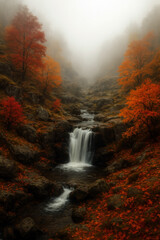 A serene waterfall cascades down rocks surrounded by vibrant autumn trees. Mist envelops the background, adding a mystical touch to the scene.AI generated.