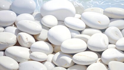 Close-up of Smooth White Pebbles on a Beach with Water in the Background