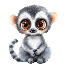 Cute baby lemur in a sitting position with adorable features and playful expressions. Animal character with smiling face and big eyes. Watercolor illustration isolated on transparent background.