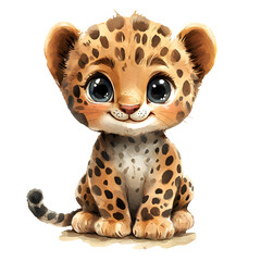 Cute baby leopard in a sitting position with adorable features and playful expressions. Animal character with smiling face and big eyes. Watercolor illustration isolated on transparent background.