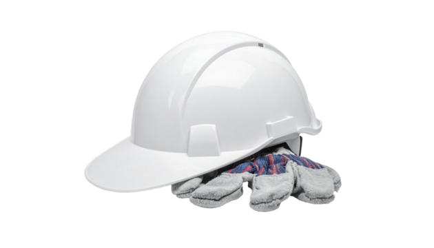 White hard hat and work gloves for construction safety