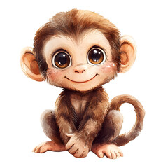 Cute baby monkey in a sitting position with adorable features and playful expressions. Animal character with smiling face and big eyes. Watercolor illustration isolated on transparent background.