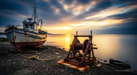 old fishing boat on rocky beach at sunset with rusty winch , marine water