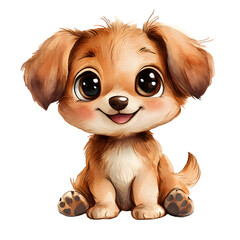 Cute baby dog in a sitting position with adorable features and playful expressions. Pet character with smiling face and big eyes. Watercolor illustration isolated on transparent background.