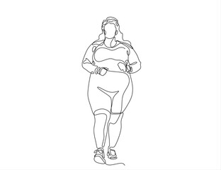 Overweight woman doing sports, running one line art. Continuous line drawing of body positive, overweight,Hand drawn one line vector. Editable stroke	