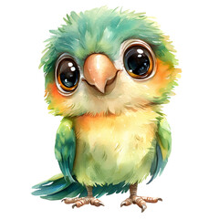Cute baby parrot with adorable features and playful expressions. Bird character with smiling face and big eyes. Watercolor illustration isolated on transparent background.