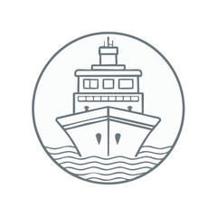 Obraz premium Front view line art illustration of a large ship or vessel sailing on waves in a circle icon