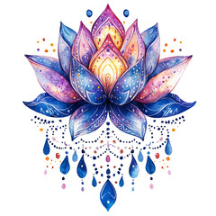 Mystical lotus symbol in boho style with decoration, watercolor illustration isolated on transparent background. PNG, cutout.