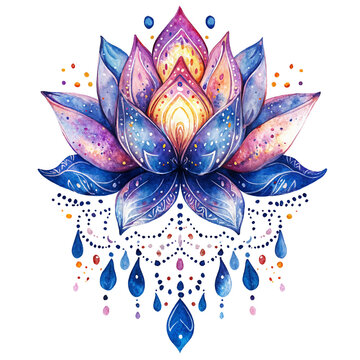 Mystical lotus symbol in boho style with decoration, watercolor illustration isolated on transparent background. PNG, cutout.
