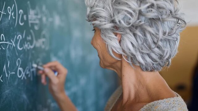 A woman is writing on a chalkboard. She is smiling and she is happy. The chalkboard has equations on it, which suggests that she might be a teacher or a mathematician