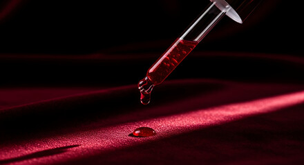 Laboratory Action, Blood Sample, Medical Environment, Macro Photography, Dark Background, Close-Up View, Scientific Concept