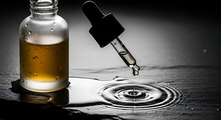 Liquid Droplet from Dropper, Studio Setting, Photography, Dramatic Contrast, Close-Up View, Serenity