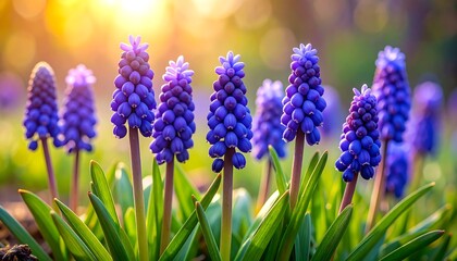 Close-up of vibrant purple grape hyacinth flowers with natural sunlight background