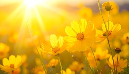 Close-up of yellow flowers under bright sunlight creating a cheerful view
