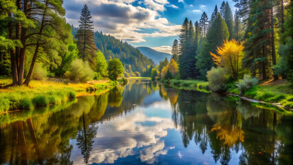 A serene river flowing through a lush green forest, with reflections of the sky and trees creating a picturesque landscape