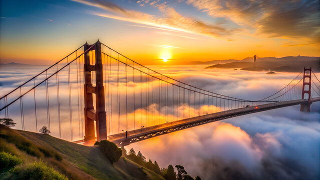 Golden gate bridge shrouded in fog at sunrise, with the sun peeking through the clouds, casting a warm glow over the iconic san francisco landmark - Powered by Adobe